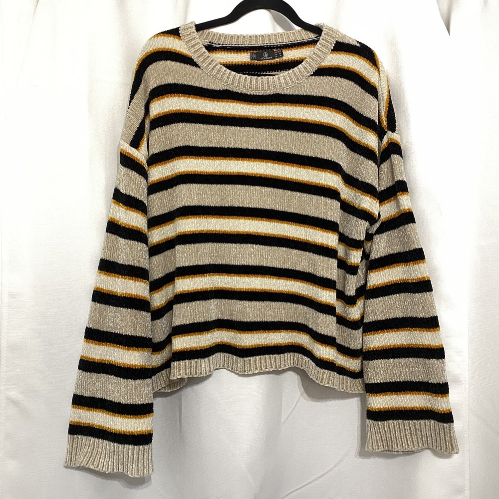 VOLCOM Velour Multicolor Stripe Women's Long Sleeve Pullover Sweater XL 12 Retro